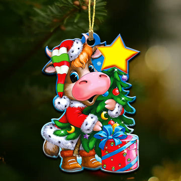 Cow Holding Christmas pine tree - 2 sided ornament