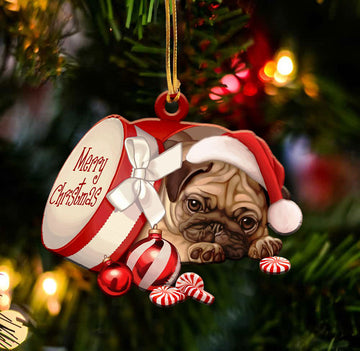 Pug Out of Merry Christmas box - Shaped ornament