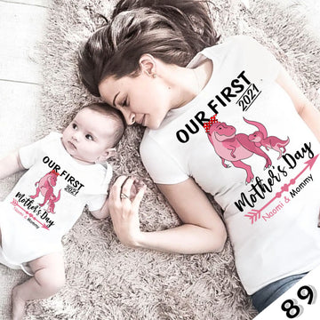 Family mommy and baby girl matching shirt Our First Mother's Day Dinosaurus