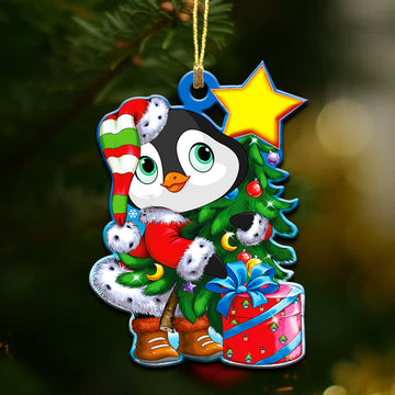 Penguin Holding Christmas pine tree - 2 sided ornament