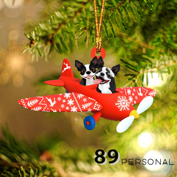 Boston Terrier Tiny Red Airplane Christmas Holiday - One Sided Ornament