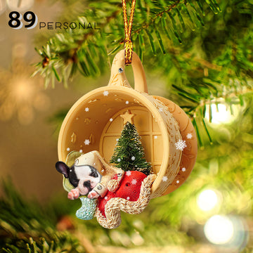 French Bulldog Sleeping in a tiny cup Christmas Holiday - One Sided Ornament