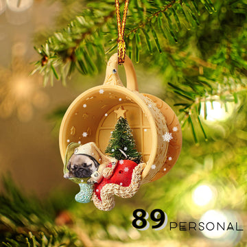 Pug Sleeping in a tiny cup Christmas Holiday - One Sided Ornament