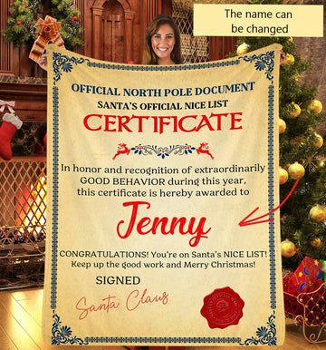 Santa Official Certificate Nice List Personalized Fleece Blanket