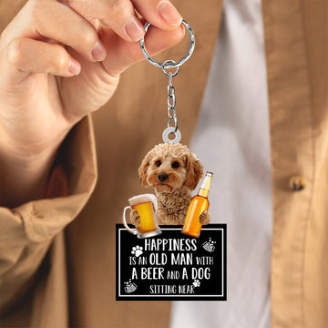 Cockapoo Happiness Is An Old Man With A Beer And A Dog Sitting Near Acrylic Keychain, Cockapoo Lover