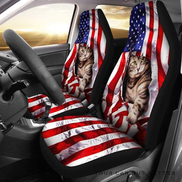 America Flag And Cat  - Car Seat Covers