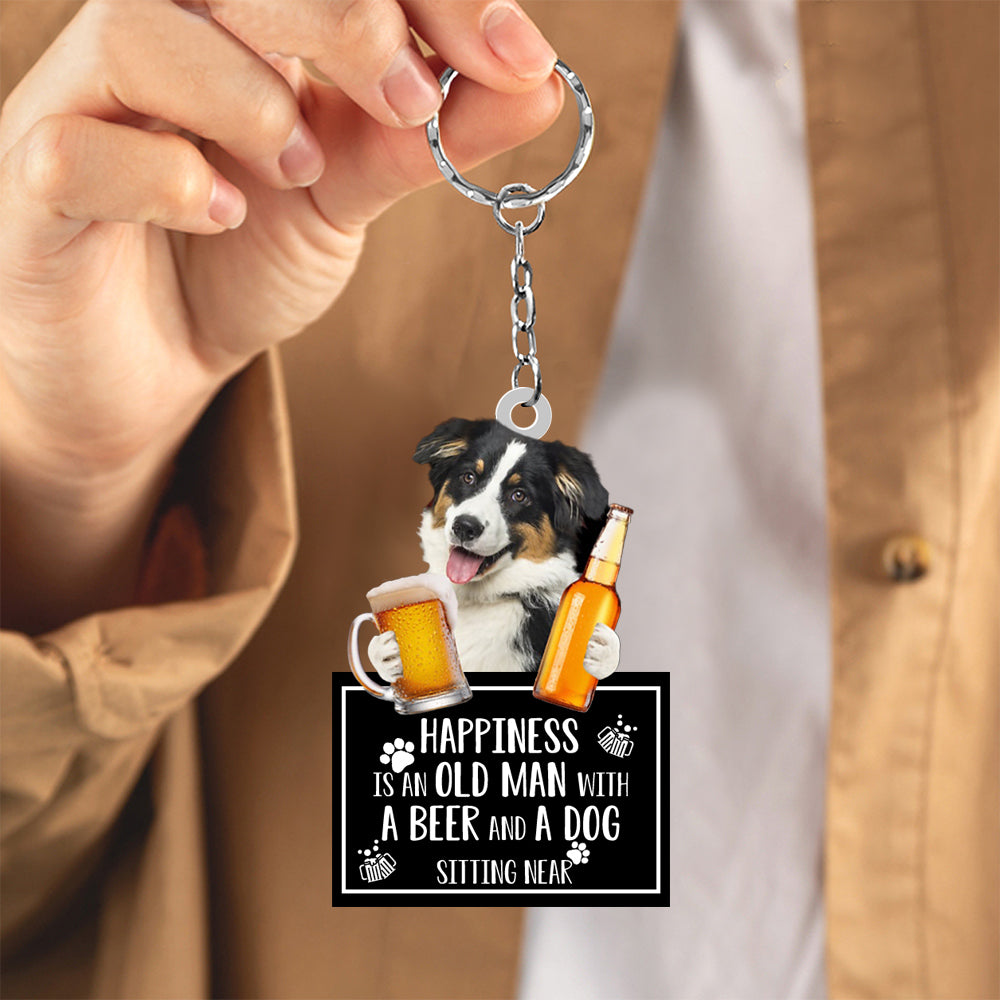 Australian Shepherd Happiness Is An Old Man With A Beer And A Dog Sitting Near Acrylic Keychain, Australian Shepherd Lover