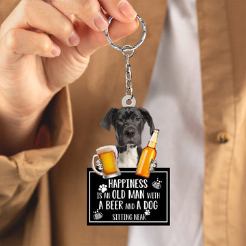 Black Great Dane Happiness Is An Old Man With A Beer And A Dog Sitting Near Acrylic Keychain, Black Great Dane  Lover