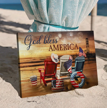 Beach chairs, American flag, Sunset beach, God bless America - Matte Canvas