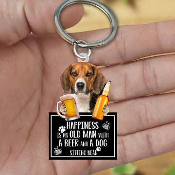 Beagle Happiness Is An Old Man With A Beer And A Dog Sitting Near Acrylic Keychain, Beagle Lover