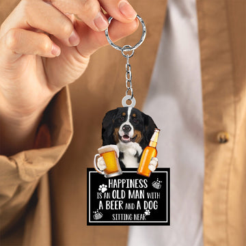 Bernese Mountain Happiness Is An Old Man With A Beer And A Dog Sitting Near Acrylic Keychain, Bernese Mountain Lover