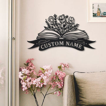 Book With Flowers Personalized Metal Wall Decor - Cut Metal Sign