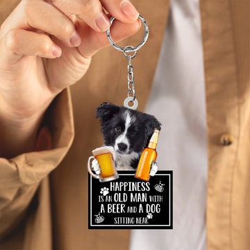 Border Collie Happiness Is An Old Man With A Beer And A Dog Sitting Near Acrylic Keychain, Border Collie Lover