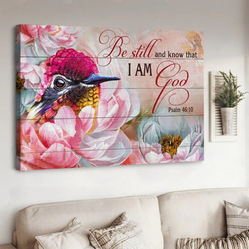 Hummingbird, Pink camellia flower, Be still and know that I am God - Matte Canvas