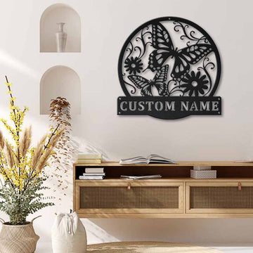 Butterfly With Flowers Personalized Monogram Metal Wall Decor - Cut Metal Sign