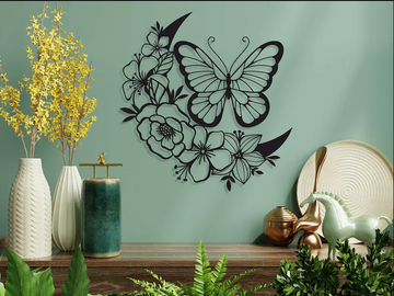 Butterfly And Floral Moon - Cut Metal Sign