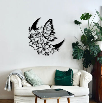 Butterfly And Moon Flower Wall Art For Living Room -  Cut Metal Sign