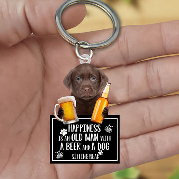 Chocolate Labrador Happiness Is An Old Man With A Beer And A Dog Sitting Near Acrylic Keychain, Chocolate Labrador Lover
