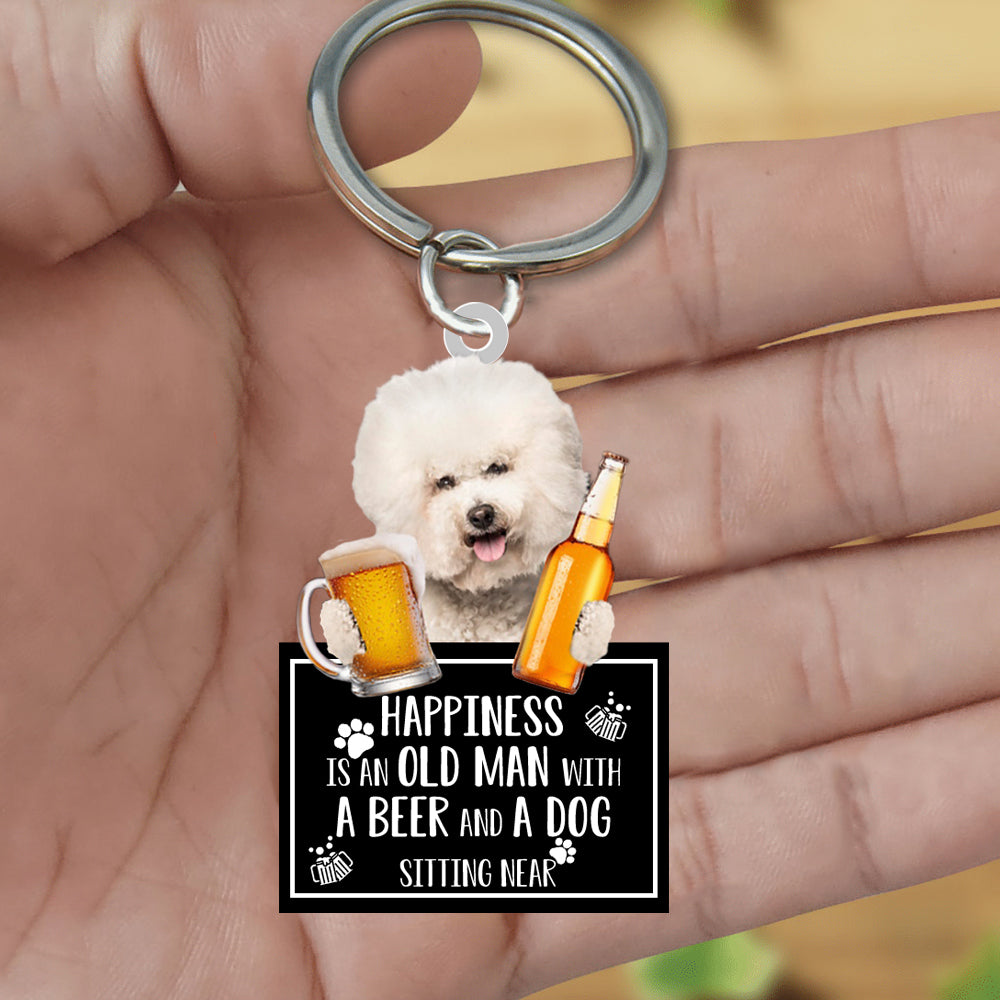 Bichon Frise Happiness Is An Old Man With A Beer And A Dog Sitting Near Acrylic Keychain, Bichon Frise Lover
