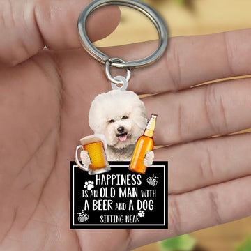 Bichon Frise Happiness Is An Old Man With A Beer And A Dog Sitting Near Acrylic Keychain, Bichon Frise Lover