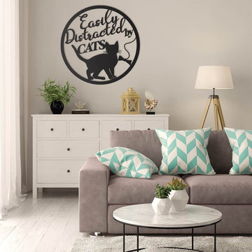 Easily Distracted By Cats Circle Cat Lovers | Wall Art Decor - Cut Metal Sign