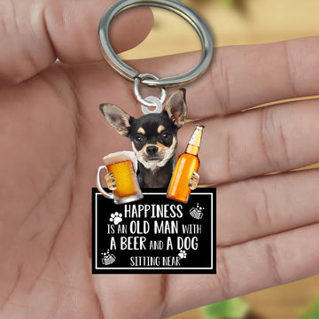 Chihuahua Happiness Is An Old Man With A Beer And A Dog Sitting Near Acrylic Keychain, Chihuahua Lover
