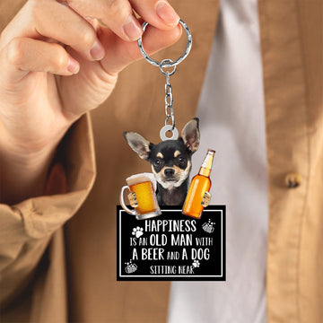 Chihuahua Happiness Is An Old Man With A Beer And A Dog Sitting Near Acrylic Keychain, Chihuahua Lover