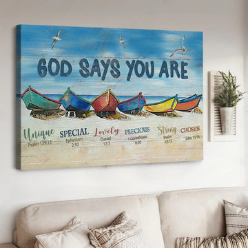 Colorful boat Beach painting God says you are - Matte Canvas