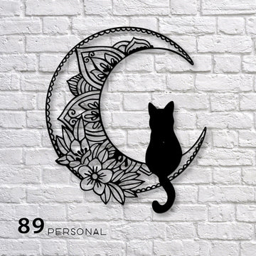 Cute Cat On Floral Moon  | Wall Art Decor - Cut Metal Sign