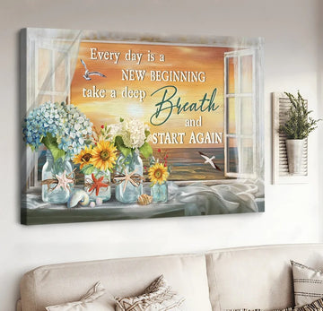 Flower vase, Pretty sunset, Seagull, Every day is a new beginning - Matte Canvas