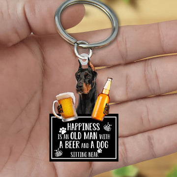 Doberman Happiness Is An Old Man With A Beer And A Dog Sitting Near Acrylic Keychain Dog Keychain, Doberman Lover
