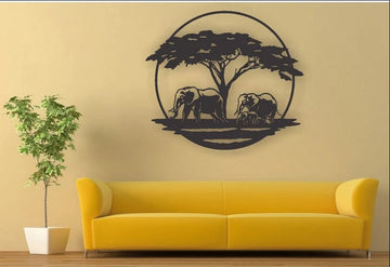 Elephant family under the tree - Metal House Sign