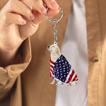 English Cream Golden Retriever American Patriot Flag Acrylic Keychain, English Cream Golden Retriever Lover