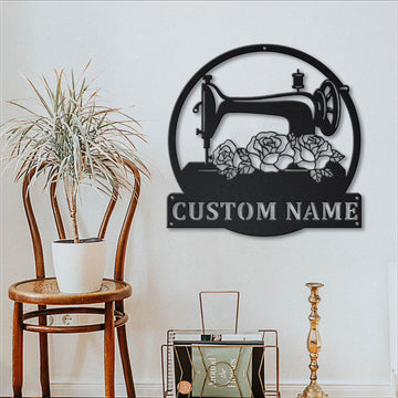 Floral Sewing Machine Personalized Monogram - Personalized Metal House Sign