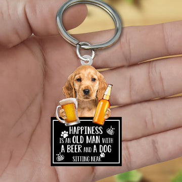 Golden Cocker Spaniel Happiness Is An Old Man With A Beer And A Dog Sitting Near Acrylic Keychain, Golden Cocker Spaniel Lover