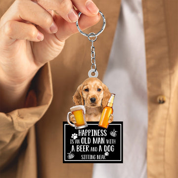Golden Cocker Spaniel Happiness Is An Old Man With A Beer And A Dog Sitting Near Acrylic Keychain, Golden Cocker Spaniel Lover