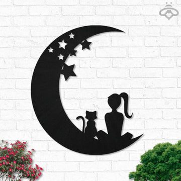 Cute Cat And A Girl On Star Moon For Cat Lovers | Wall Art Decor - Cut Metal Sign