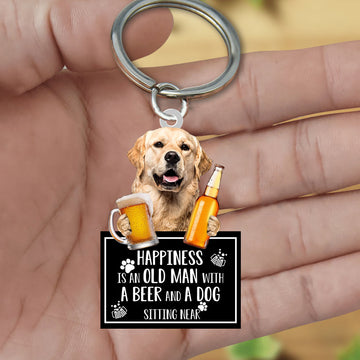 Golden Retriever Happiness Is An Old Man With A Beer And A Dog Sitting Near Acrylic Keychain, Golden Retriever Lover