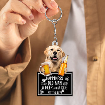 Golden Retriever Happiness Is An Old Man With A Beer And A Dog Sitting Near Acrylic Keychain, Golden Retriever Lover