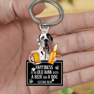 Great Dane Happiness Is An Old Man With A Beer And A Dog Sitting Near Acrylic Keychain, Great Dane Lover