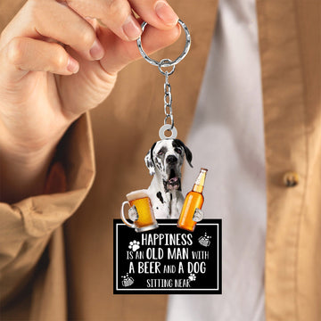 Great Dane Happiness Is An Old Man With A Beer And A Dog Sitting Near Acrylic Keychain, Great Dane Lover