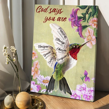 Hummingbird painting flowers God says you are - Matte Canvas