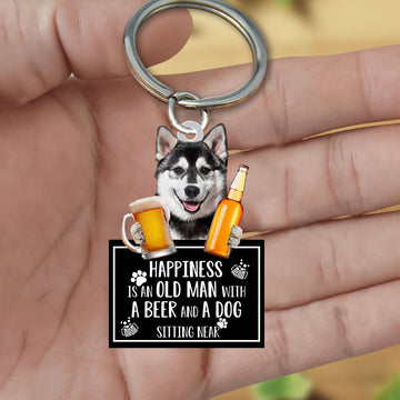 Husky Happiness Is An Old Man With A Beer And A Dog Sitting Near Acrylic Keychain, Husky Lover