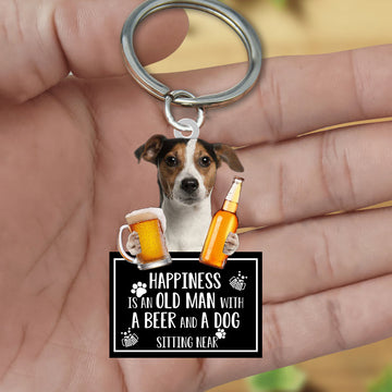 Jack Russell Terrier Happiness Is An Old Man With A Beer And A Dog Sitting Near Acrylic Keychain , Jack Russell Terrier Lover