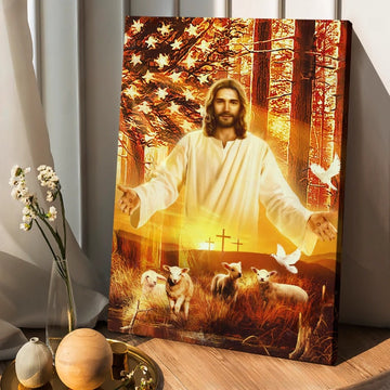 Jesus painting, American flag, Lambs of God, Into the arms of Jesus - Matte Canvas