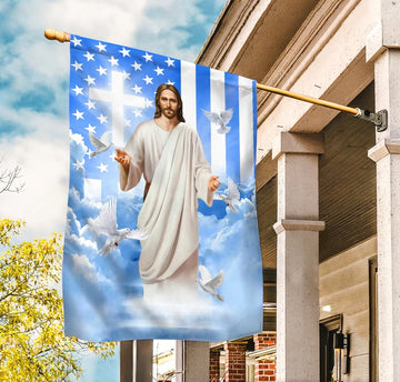 Jesus White dove Blue sky American flag Walking with Jesus - House Flag