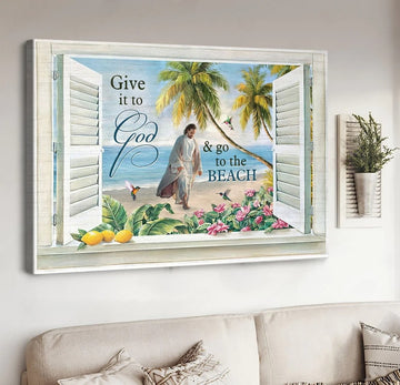 Jesus walks, Sand beach, Palm trees, Give it to God and go to the beach - Matte Canvas