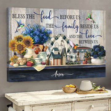 Kitchen painting Blue flower Jesus Bless the food before us - Matte Canvas