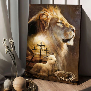 Lion painting, Lamb drawing, Cross, Lion of Judah - Matte Canvas