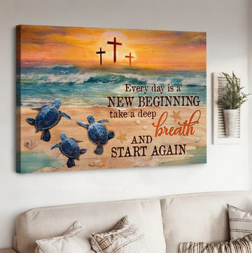 Sea turtle, Pretty sunset, Deep ocean, Cross, Every day is a new beginning - Matte Canvas